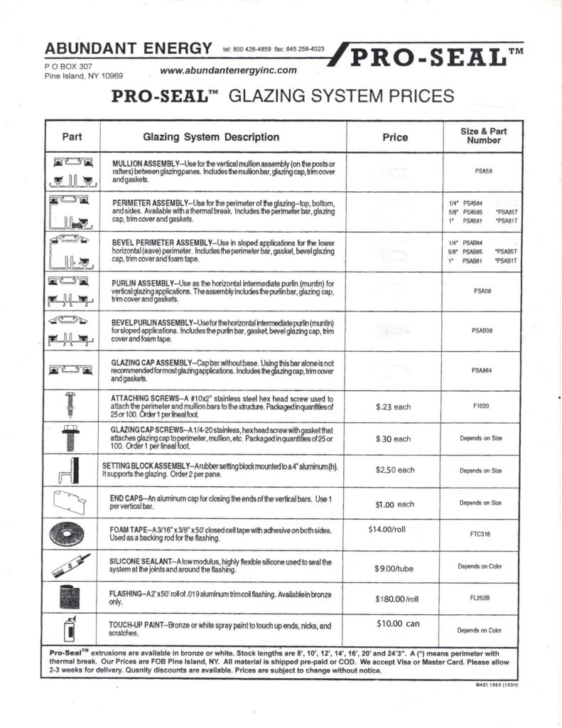 Glazing System Price Sheet